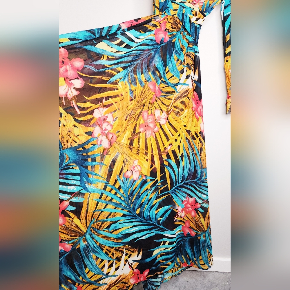 Sheer Tropical Print Long Sleeve Maxi Dress - Picture 9 of 10
